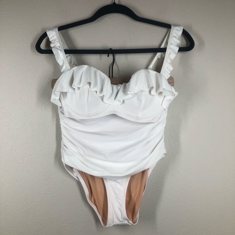 J. Crew White Ruffle Underwire Top 32D High Waist Ruched Bikini Bottom Small NWT